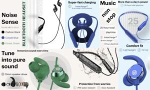 Noise Sense Bluetooth Wireless Neckband Earphones with 25H playback, Type-C fast charging, IPX5 water resistance, voice assistant support, and magnetic earbuds.
