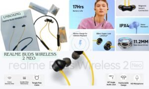 realme Buds Wireless 2 Neo in‑ear Bluetooth neckband earbuds – 17 H battery, ENC mic, Type‑C fast charge, 11.2 mm bass‑boost drivers, IPX4