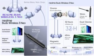 realme Buds Wireless 3 Neo neckband with 13.4 mm dynamic bass drivers, 32 H playback, AI ENC, Bluetooth 5.4, low latency & IP55 rating