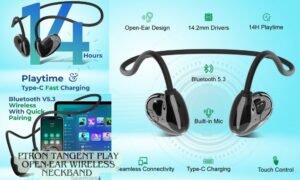 pTron Tangent Play open‑ear wireless neckband with HD mic, 14 hrs playtime, Bluetooth 5.3, SafeBeats ear‑health design, Type‑C charging & IPX5