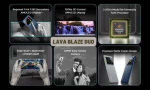 Lava Blaze Duo 5G smartphone MediaTek Dimensity 7025 processor, and dual 64MP cameras—top budget 5G smartphone Indian choice.